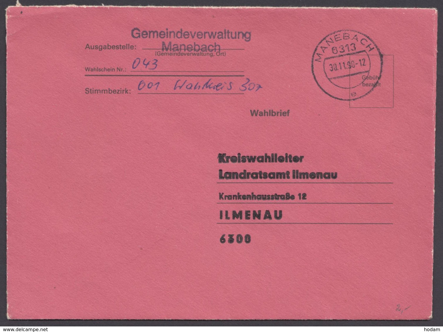 "Wahlbrief", Roter Umschlag "Manebach", 30.11.90 - Briefe U. Dokumente