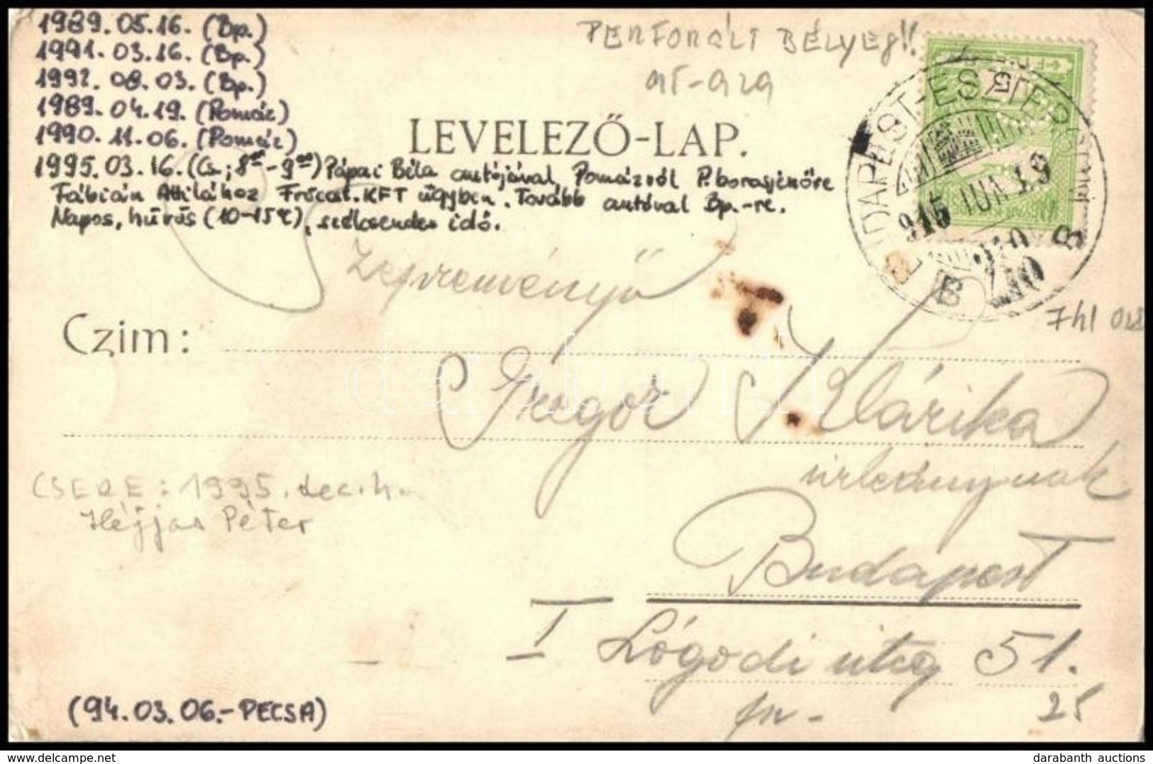 1915 Pilisborosjenő Képeslap Céglyukasztásos Bélyeggel 'BUDAPEST-ESZTERGOM 216B' Mozgóposta Bélyegzővel - Sonstige & Ohne Zuordnung
