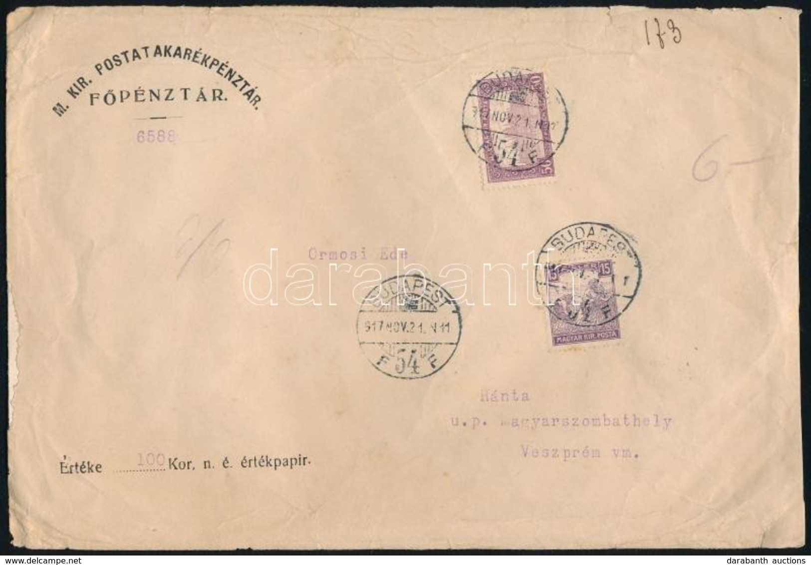 1917 Értéklevél Parlament 50f + Fehérszámú Arató 15f Bérmentesítéssel - Other & Unclassified