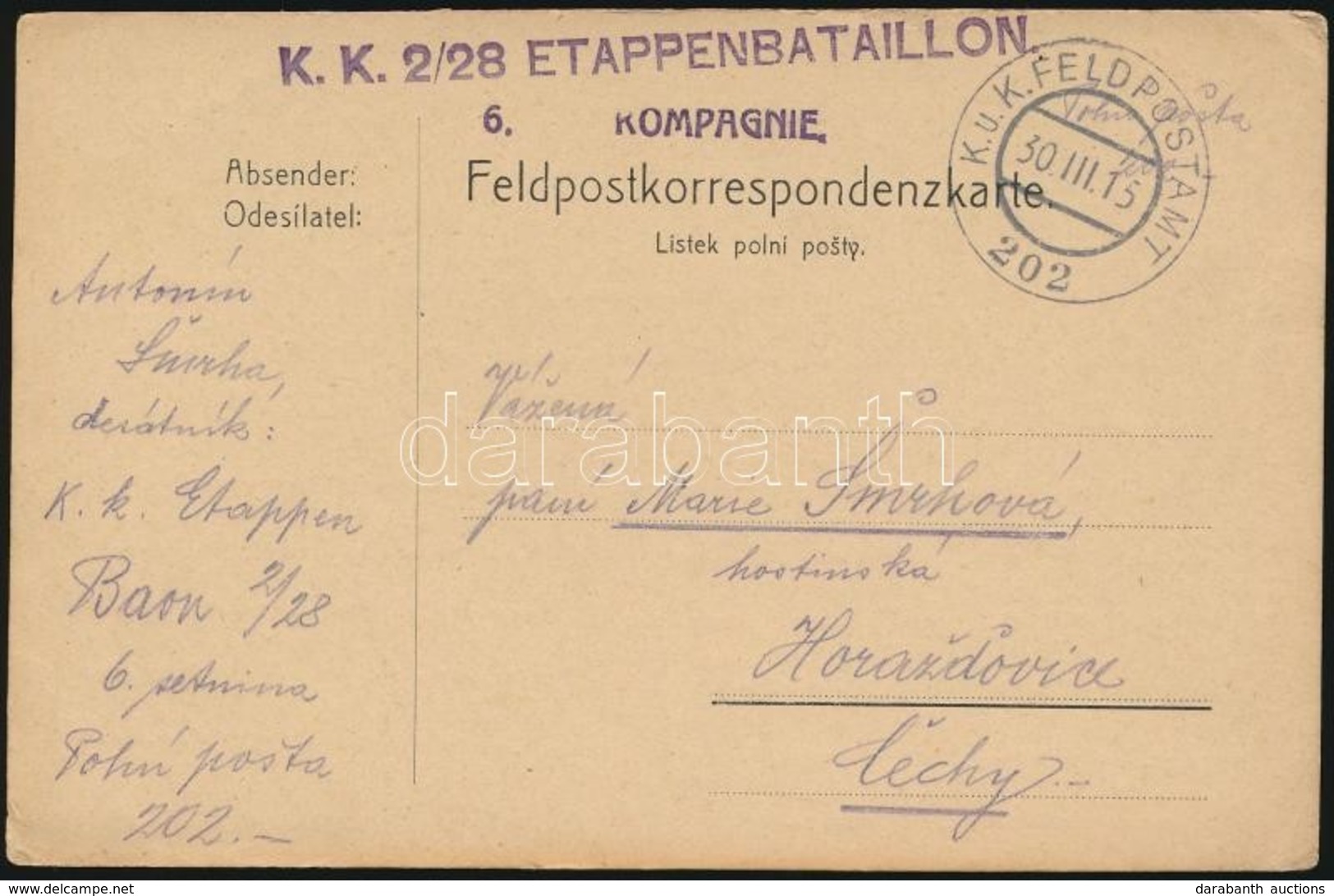 1915 Tábori Posta Levelezőlap 'K.K. 2/28 ETAPPENBATAILLON' + 'FP 202' - Autres & Non Classés