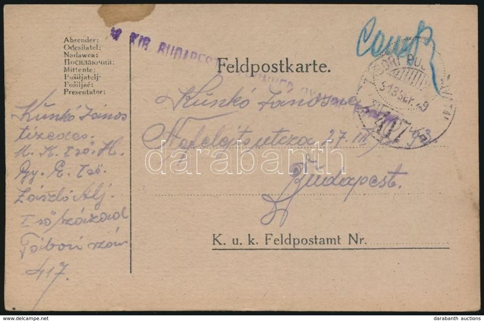 1918 Tábori Posta Levelezőlap 'M.kir. Budapesti 1. Honvéd Gyalogezred' + 'TP 417 B' - Other & Unclassified