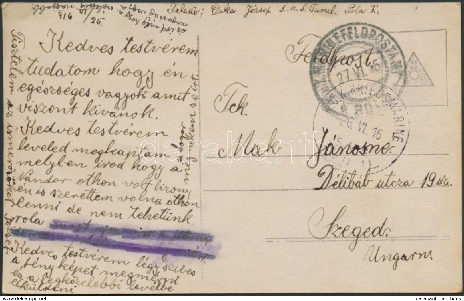 1916 Képeslap Haditengerészeti Postával / Navy Mail Postcard 'S.M.S. TURUL' - Otros & Sin Clasificación