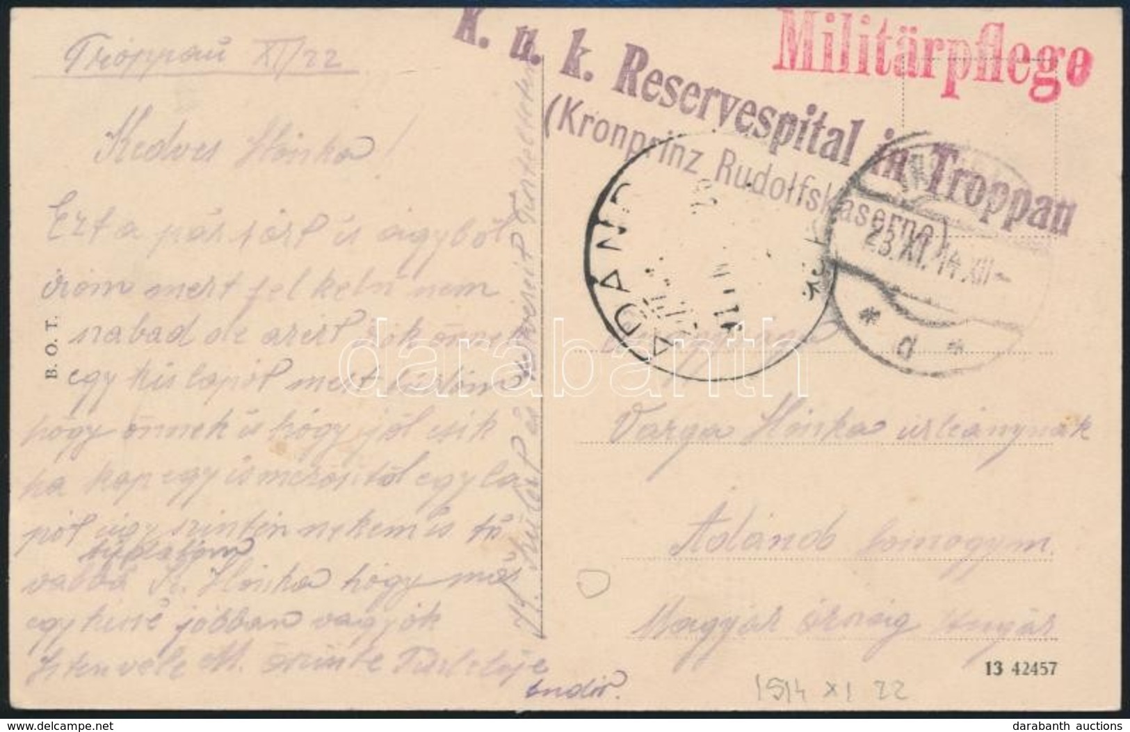 1914 Tábori Posta Képeslap 'K.u.k. Reservespital In Troppau' - Other & Unclassified