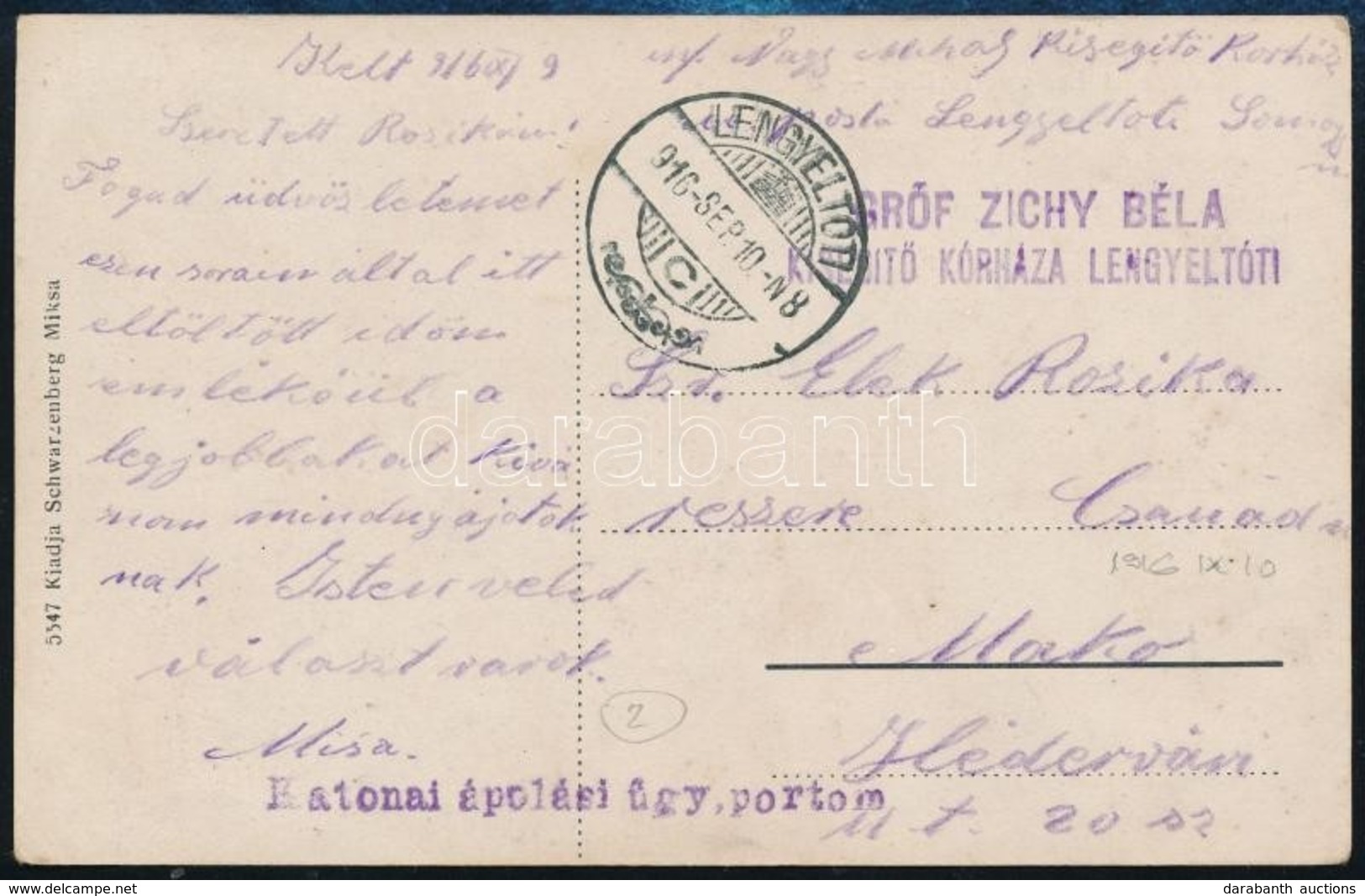 1916 Tábori Posta Képeslap 'GRÓF ZICHY BÉLA KISEGÍTŐ KÓRHÁZA LENGYELTÓTI' - Sonstige & Ohne Zuordnung