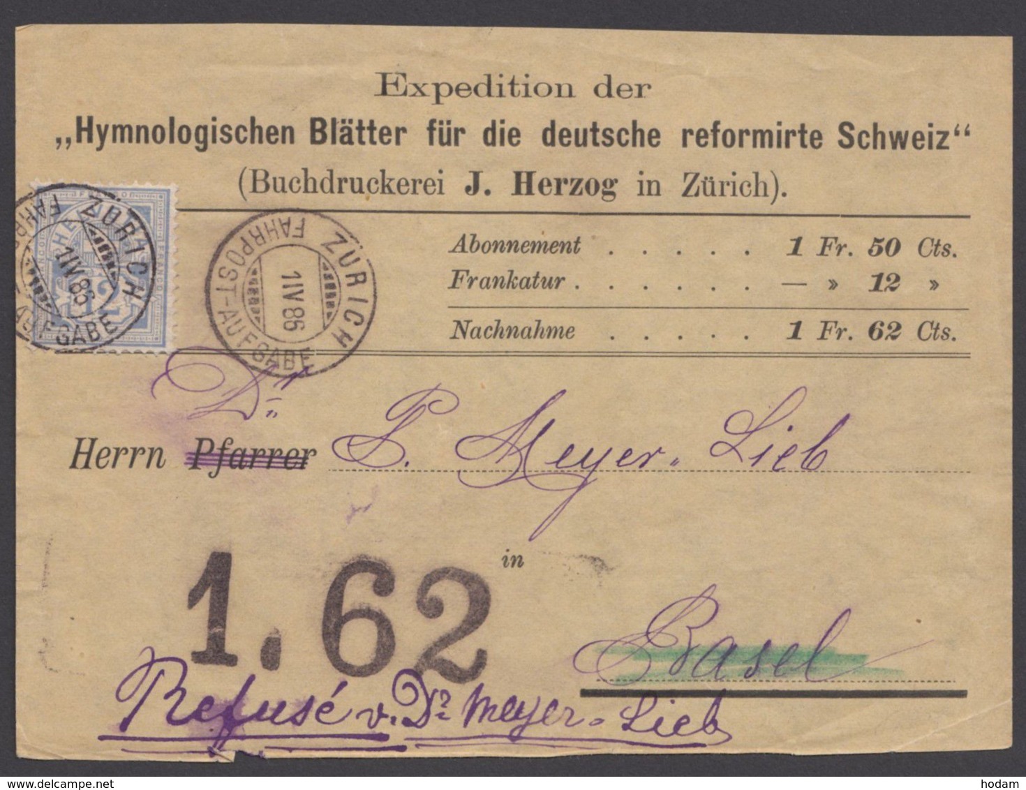 55, EF Auf NN-Beleg, "Zürich-Fahrpost", 1.4.86 - Briefe U. Dokumente