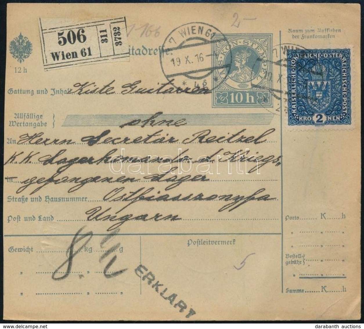 1916 Osztrák Szállítólevél Az Az Ostffyasszonyfai Hadifogolytáborba Küldve, Ott 15f Portózva - Other & Unclassified