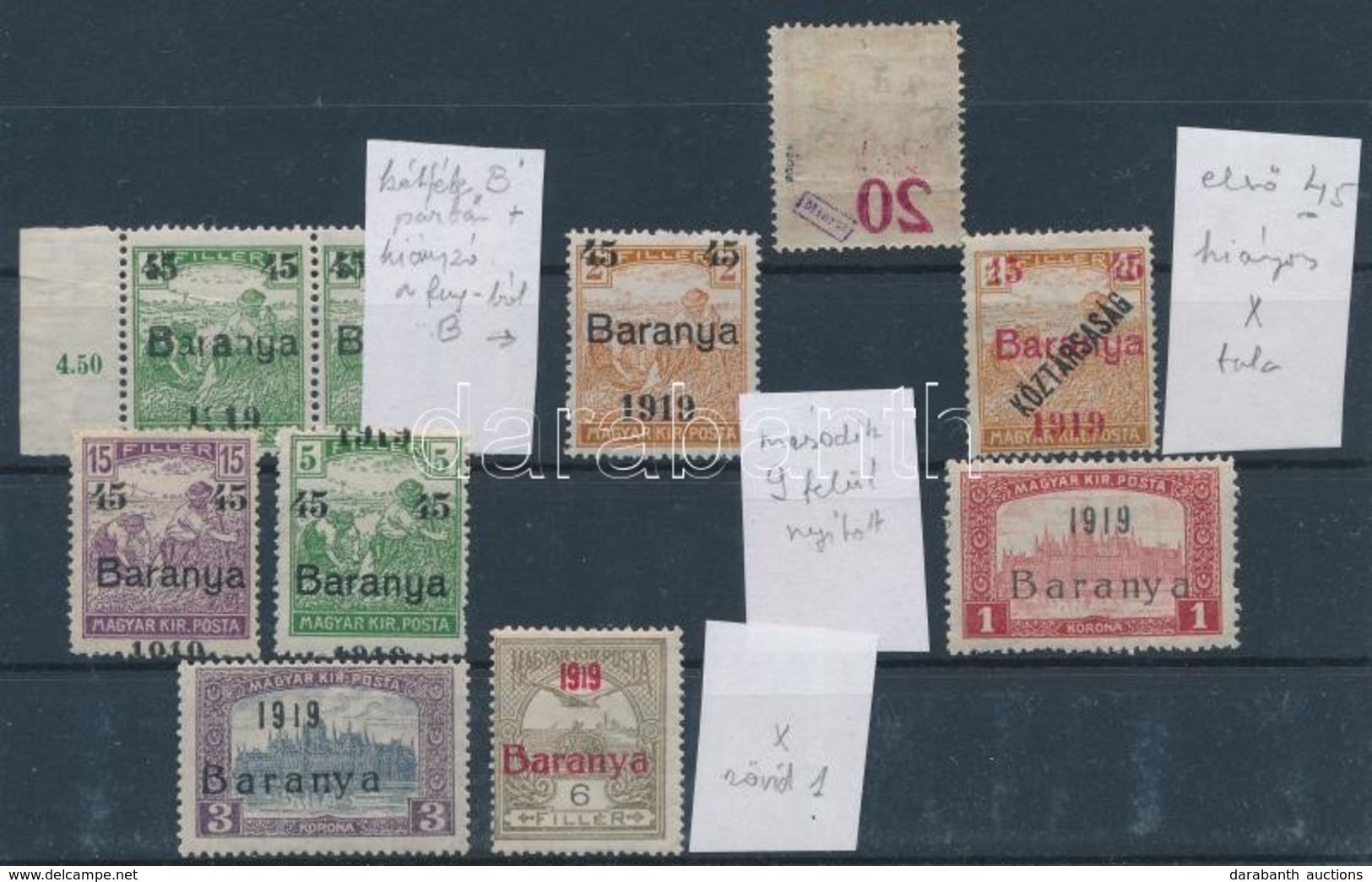 ** * Baranya I. 1919 10 Db Bélyeg Felülnyomási Eltérésekkel / 10 Stamps With Overprint Varieties - Other & Unclassified