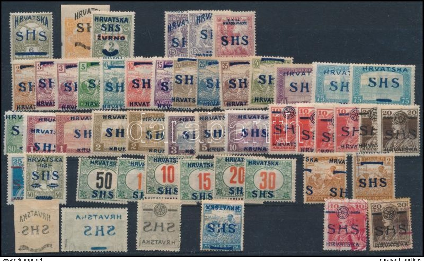 ** * O SHS 1918 50 Db Bélyeg, Közte Eltolódott és Fordított Felülnyomás, Gépszínátnyomat, Lemezhibák / 50 Stamps With Fe - Sonstige & Ohne Zuordnung