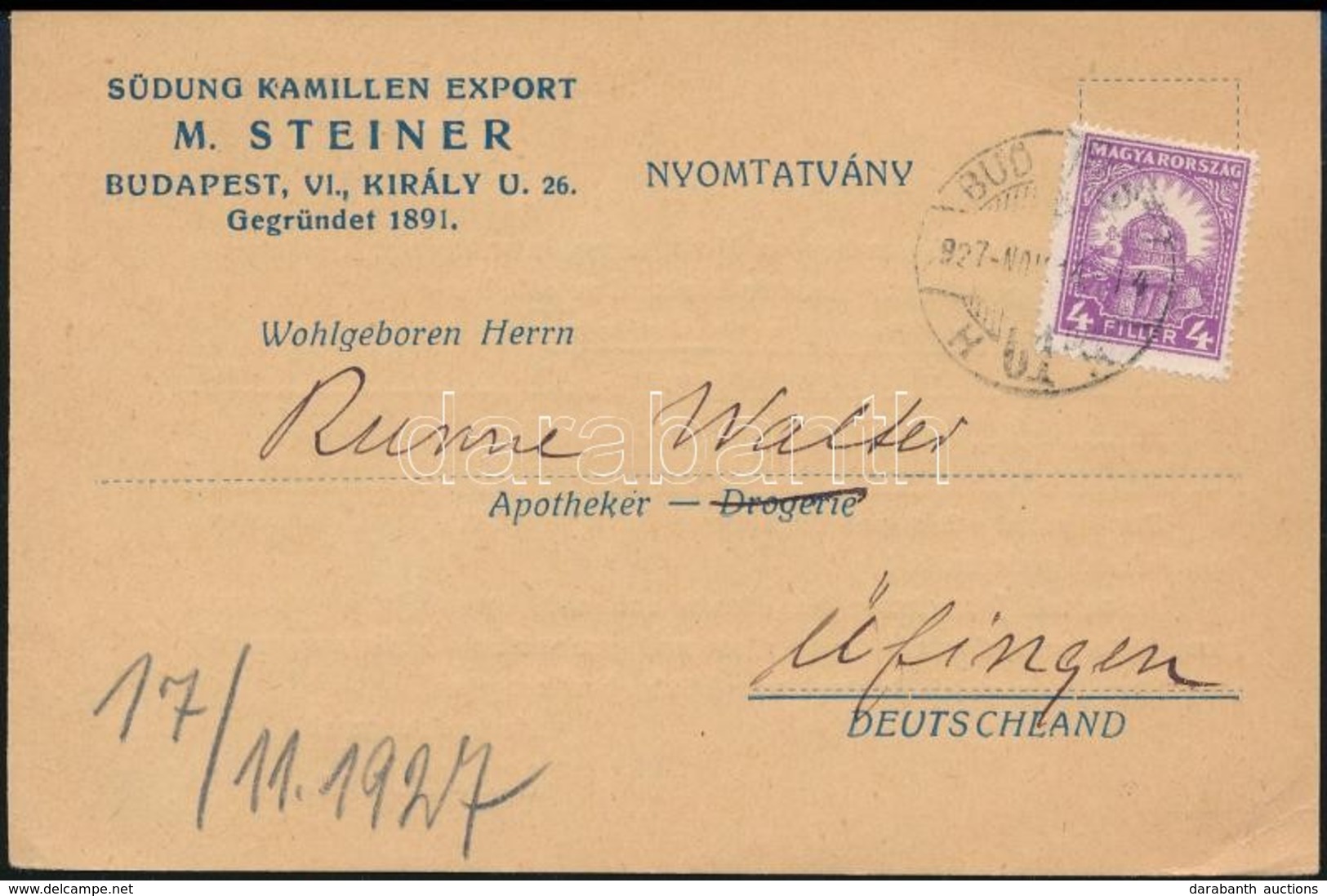 1927 Nyomtatvány Pengő-fillér 4f Bérmentesítéssel Németországba Küldve - Other & Unclassified