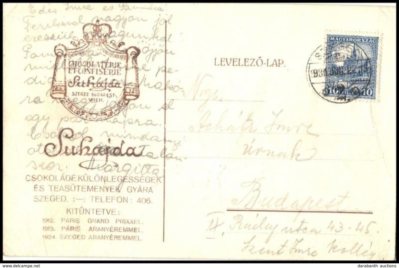 1931 Suhajda Csokoládégyár Céges Levelezőlapja - Other & Unclassified