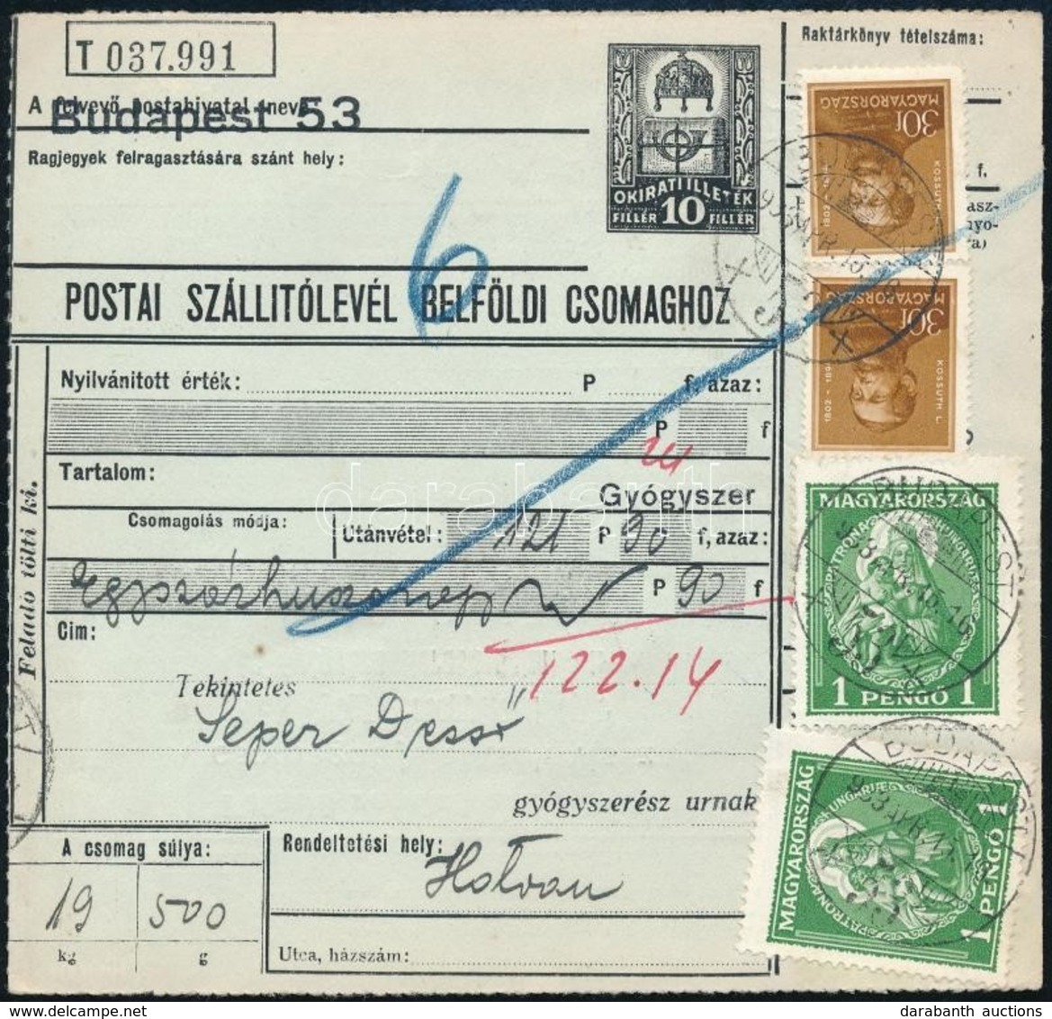 1933 Utánvételes Szállítólevél 2,60P-vel:  2 X 1P Nagy Madonna + 2 X 30f Arcképek Bérmentesítéssel - Otros & Sin Clasificación