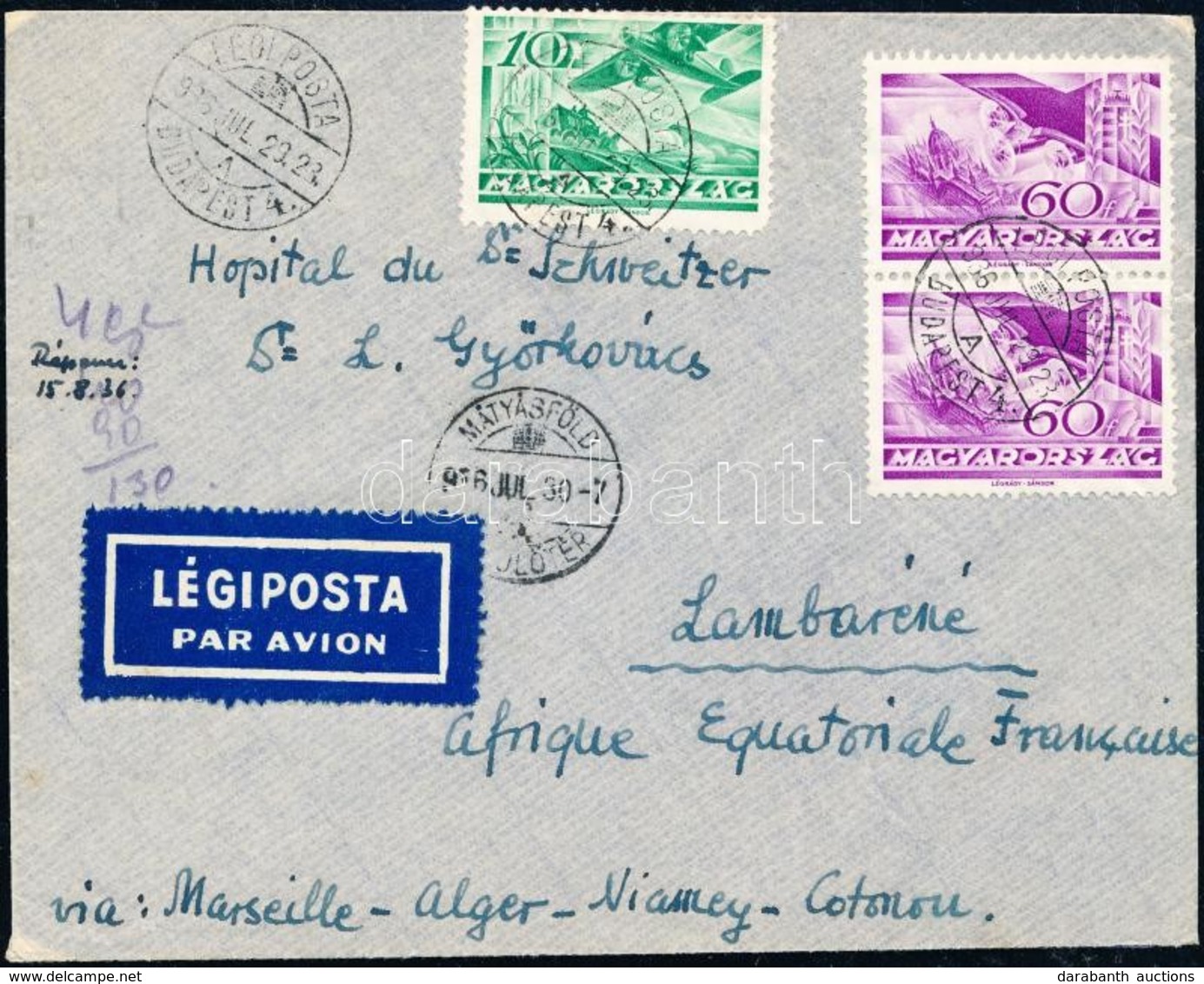 1936 Légi Levél 1,30P Bérmentesítéssel Francia Egyenlítői Afrikába Küldve / Airmail Cover To French Equatorial Africa - Otros & Sin Clasificación