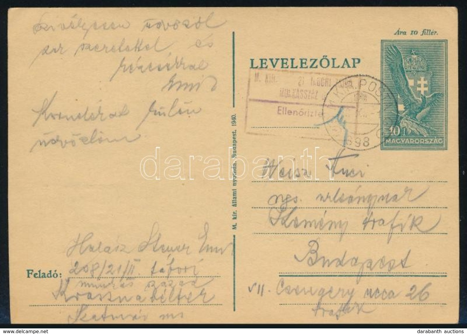 1940 Levelezőlap 'M.KIR. POSTA 698' Kisegítő Bélyegzéssel + 'M.KIR. 21. TÁBORI ZSIDÓ MUNKÁSSZÁZAD' Cenzúrával / Field Po - Otros & Sin Clasificación