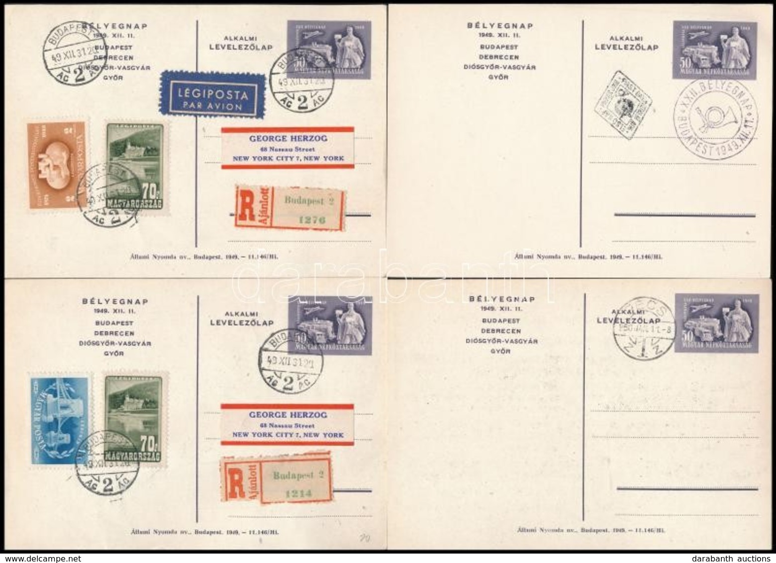 1949-1950 5 Db 1949-es Bélyegnapi Díjjegyes, Közte Első Napi, 2 Ajánlott, Az Egyik Légi Tamp Day 5 PS-cards: Unused, Can - Sonstige & Ohne Zuordnung