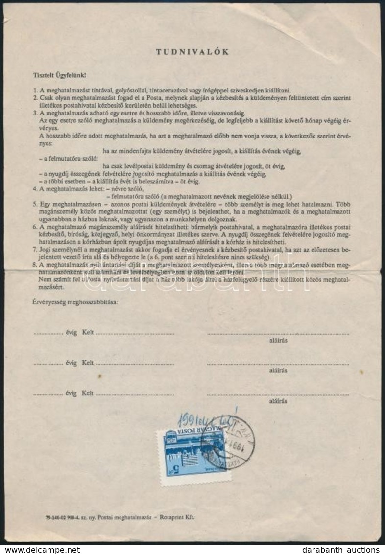 1991 Meghatalmazás Erősen Elfogazott Szolnok 5 Ft Bérmentesítéssel - Other & Unclassified