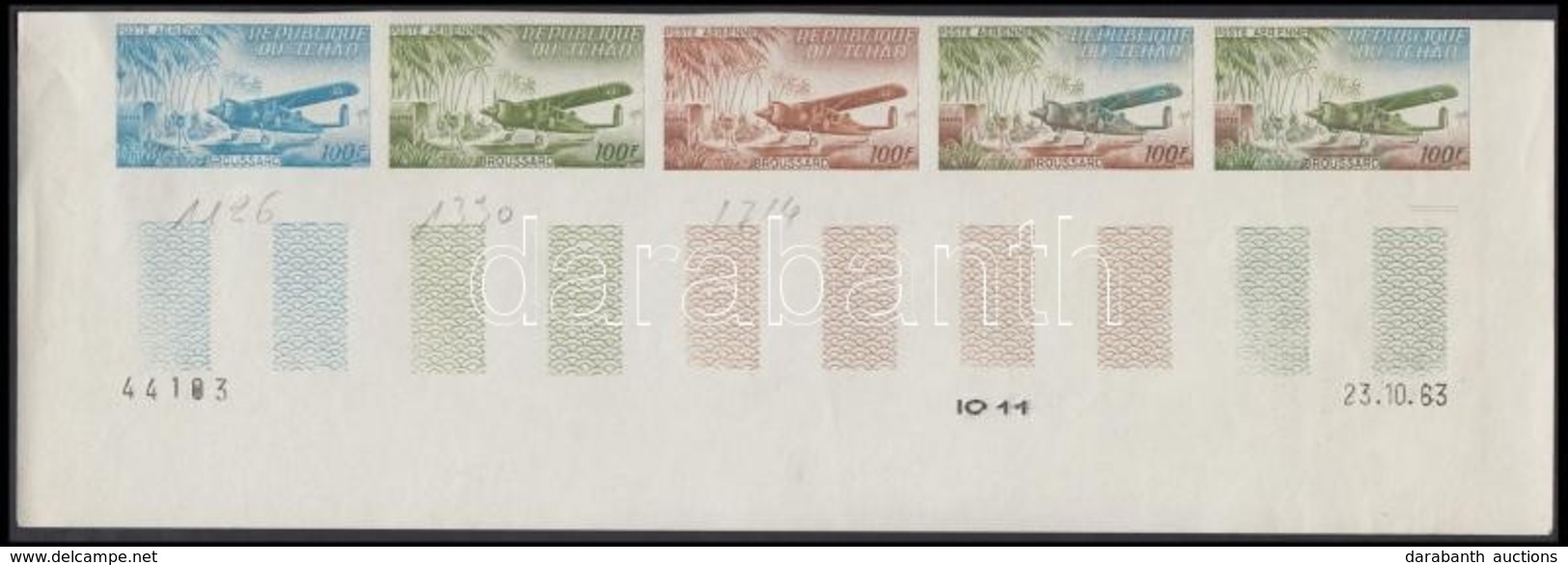 ** Csád 1963 Légi Posta Mi 107 5 Klf Fogazatlan Színpróba ötöscsíkban / Stripe Of 5 Different Imperforate Coulor Proofs - Other & Unclassified