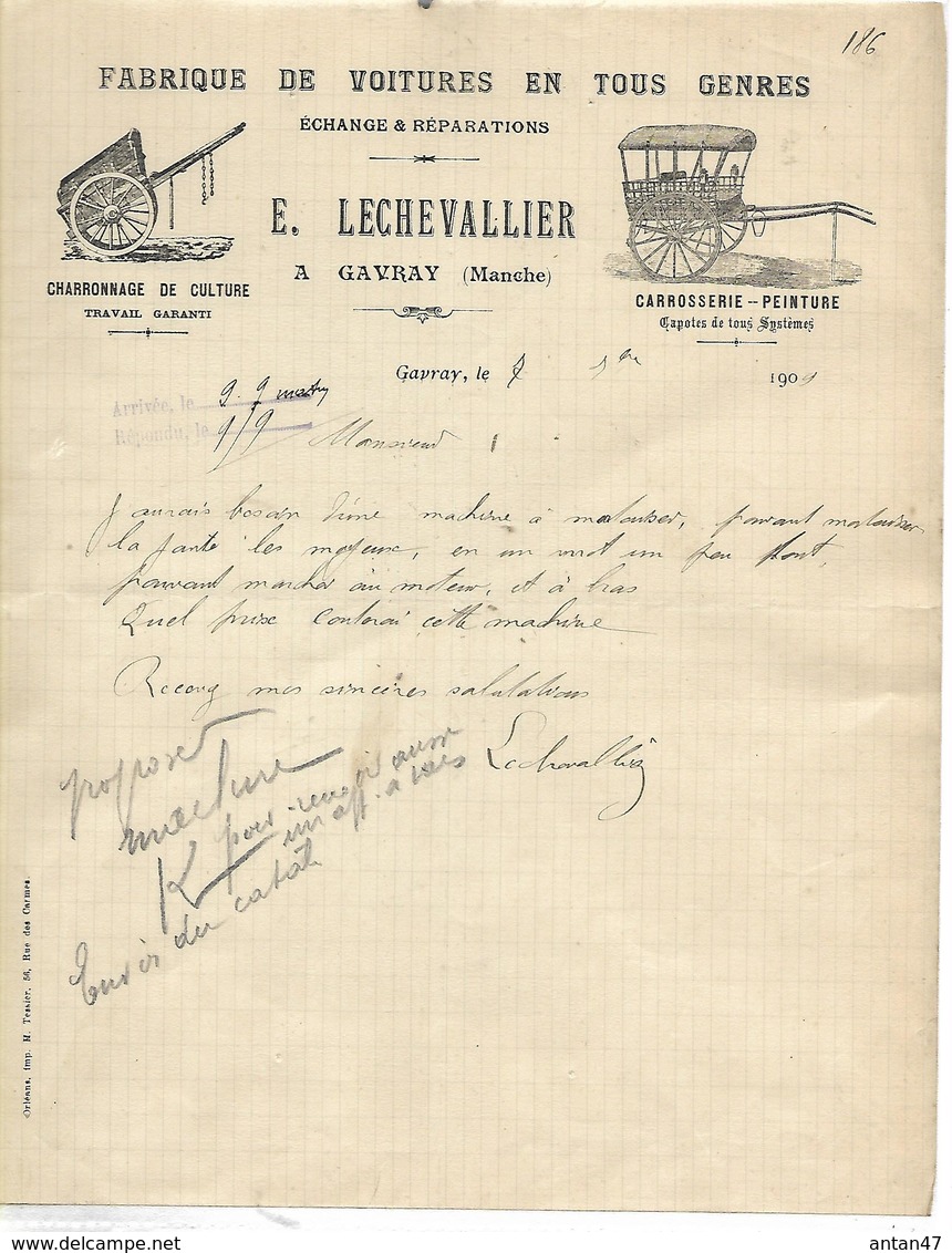 Facture 1909 / MANCHE / GAVRAY / LECHEVALLIER / Fabrique De Voitures, Charronnage - 1950 - ...