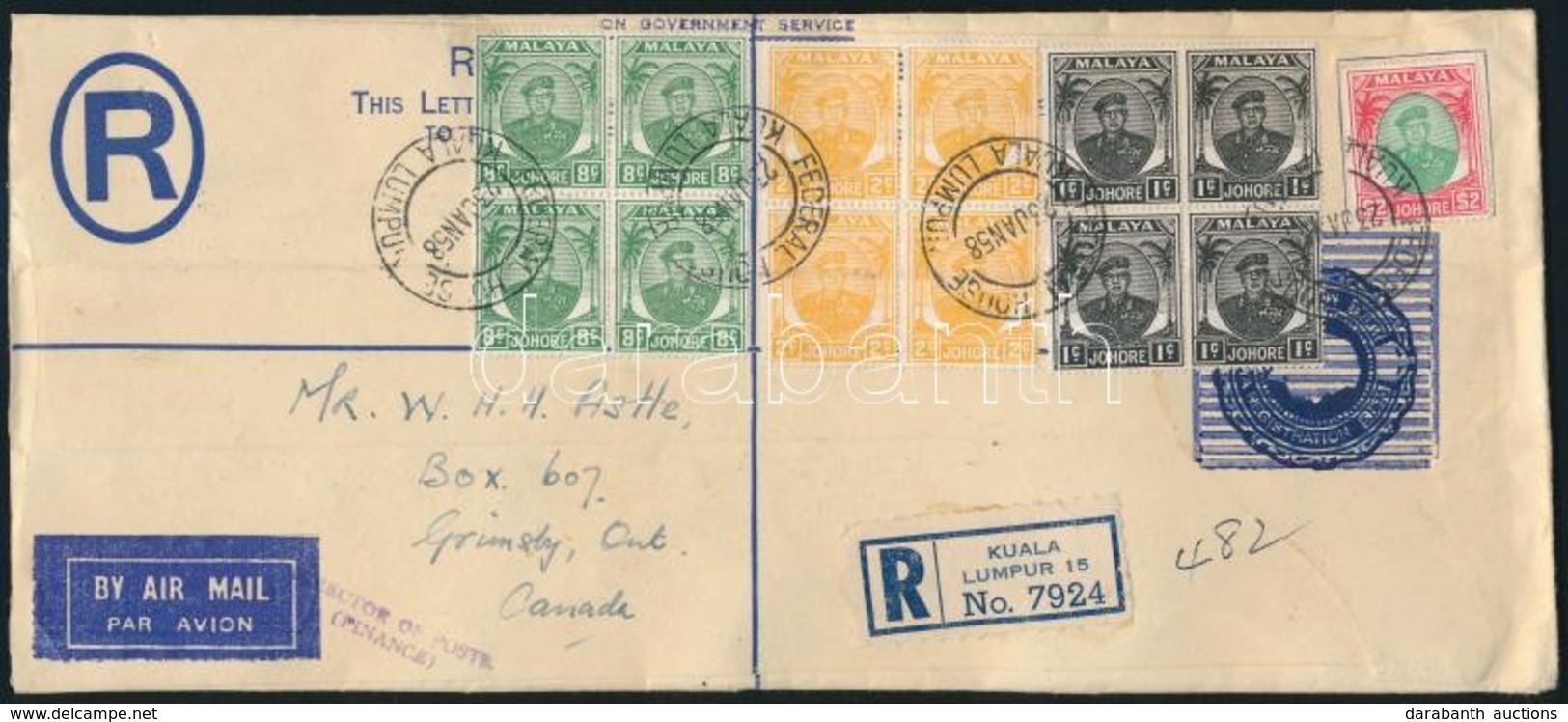 Johore 1958 Ajánlott Légi Levél Kanadába / Registered Airmail Cover To Canada - Sonstige & Ohne Zuordnung