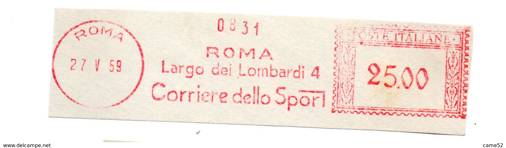 1959 Affrancatura Meccanica Rossa EMA Freistempel Frammento Cut Roma Corriere Dello Sport Giornale Sportivo - Macchine Per Obliterare (EMA)