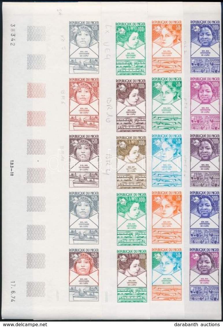 ** 1974 100 éves Az UPU Színpróba ívsarki üresmezős ötöscsíkokban,
Centenary Of UPU Colour-proof In Empty Field Corner S - Otros & Sin Clasificación