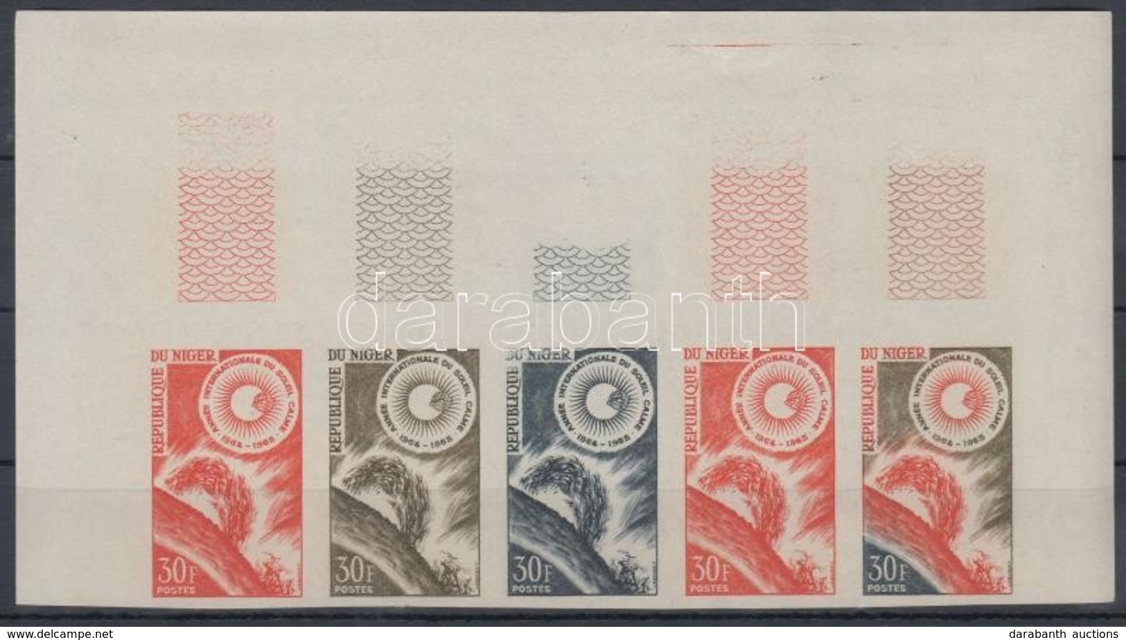 ** Niger 1964 Nyugodt Nap éve Mi 71 5 Klf Színpróba ívsarki ötöscsíkban / Stripe Of 5 Different Imperforate Coulor Proof - Otros & Sin Clasificación