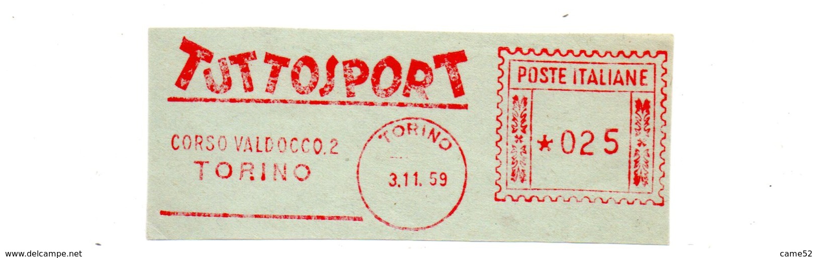 1959 Affrancatura Meccanica Rossa EMA Freistempel Frammento Cut Torino Tuttosport Giornale Sportivo - Macchine Per Obliterare (EMA)