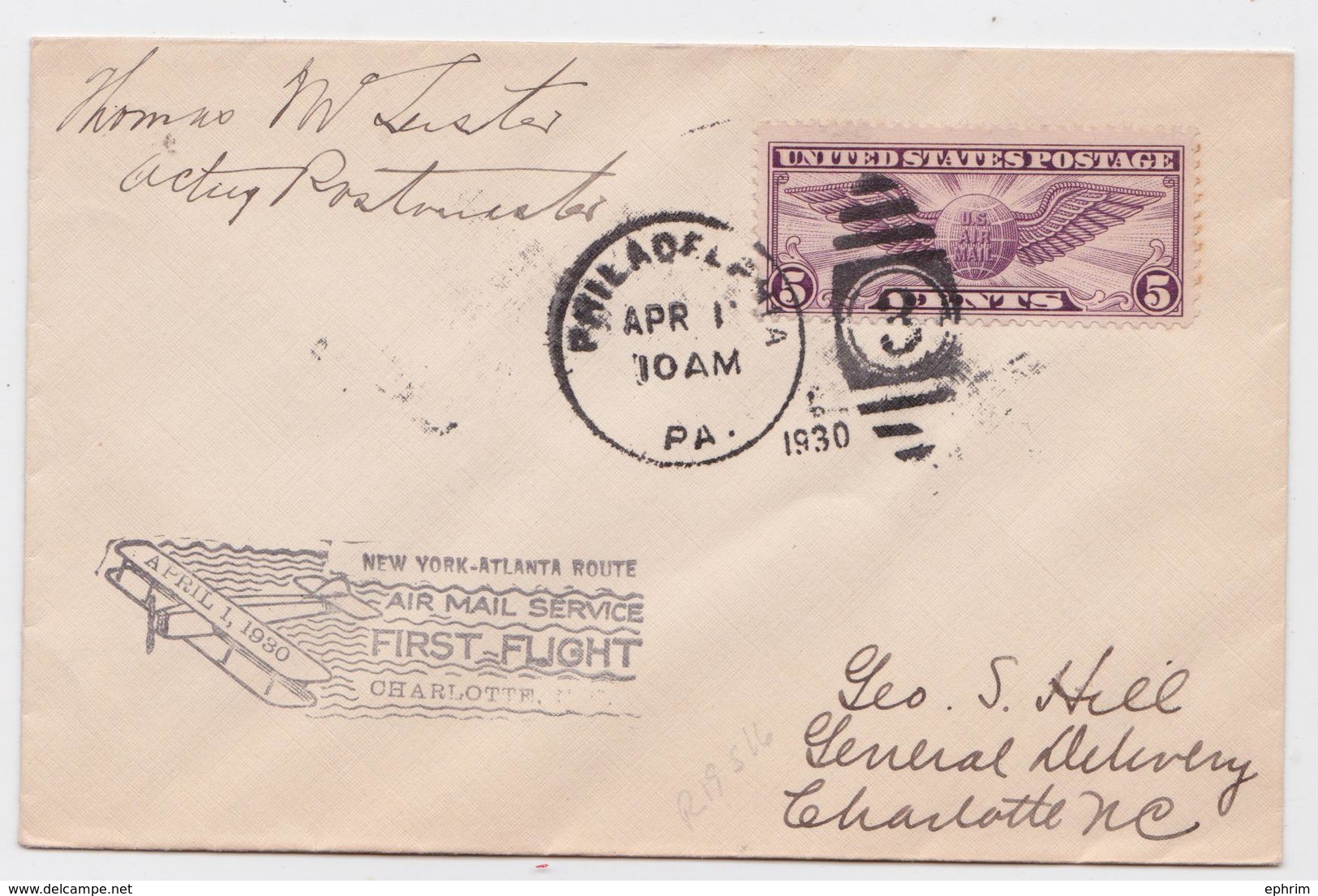 PHILADELPHIA-NEW-YORK-ATLANTA ROUTE AIR MAIL SERVICE FIRST FLIGHT 1930 TO CHARLOTTE - 1c. 1918-1940 Covers