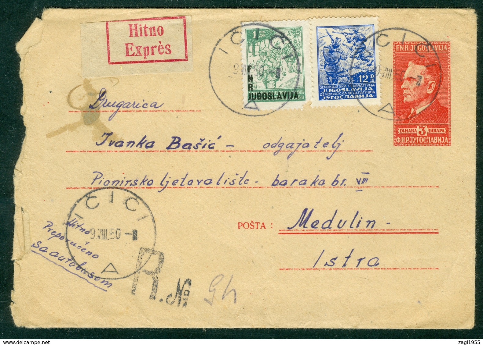 Yugoslavia 1950 Ambulance Bahnpost Railway Mail Post Rijeka - Pula 25 Sent From Icici To Medulin Stationrey WITH BUS - Covers & Documents