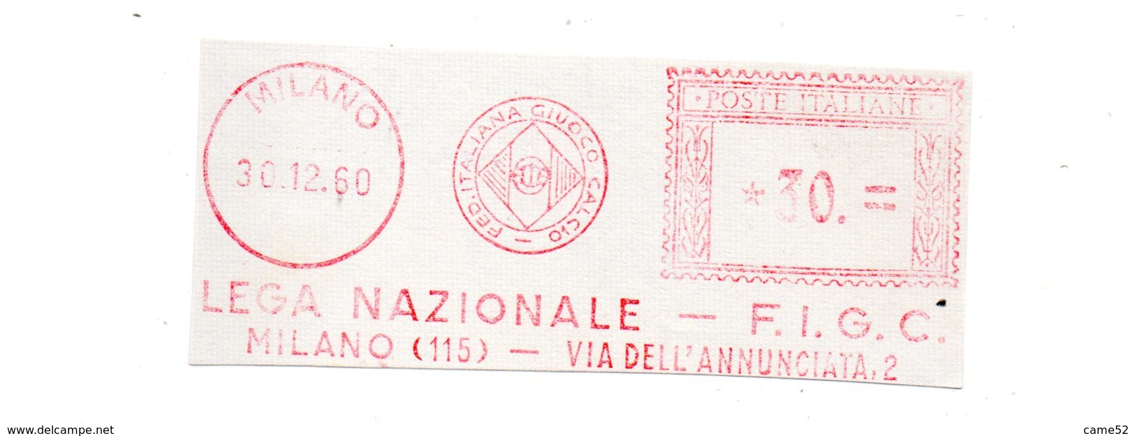1960 Affrancatura Meccanica Rossa EMA Freistempel Frammento Cut Milano FIGC Federazione Italiana Gioco Calcio - Macchine Per Obliterare (EMA)