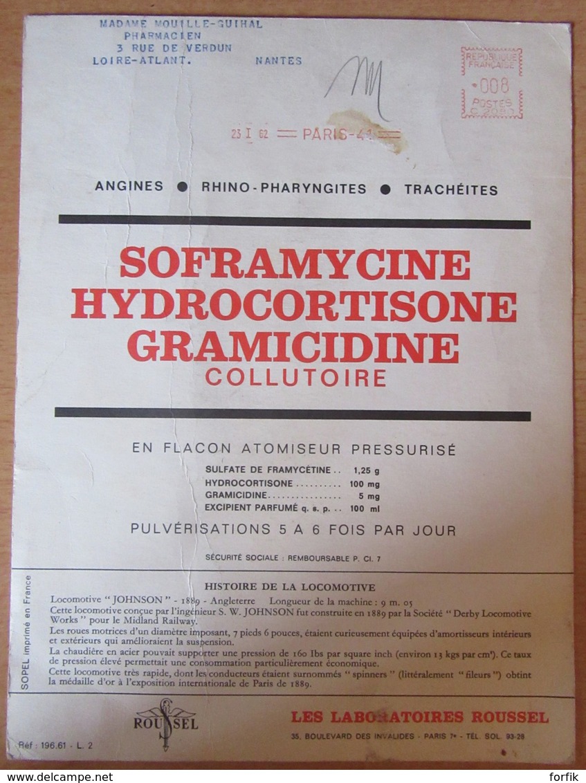 Soframycine Laboratoires Roussel - 2 Images Publicitaires De Locomotives 515 1864 Espagne Et Johson 1889 Angleterre - Publicités