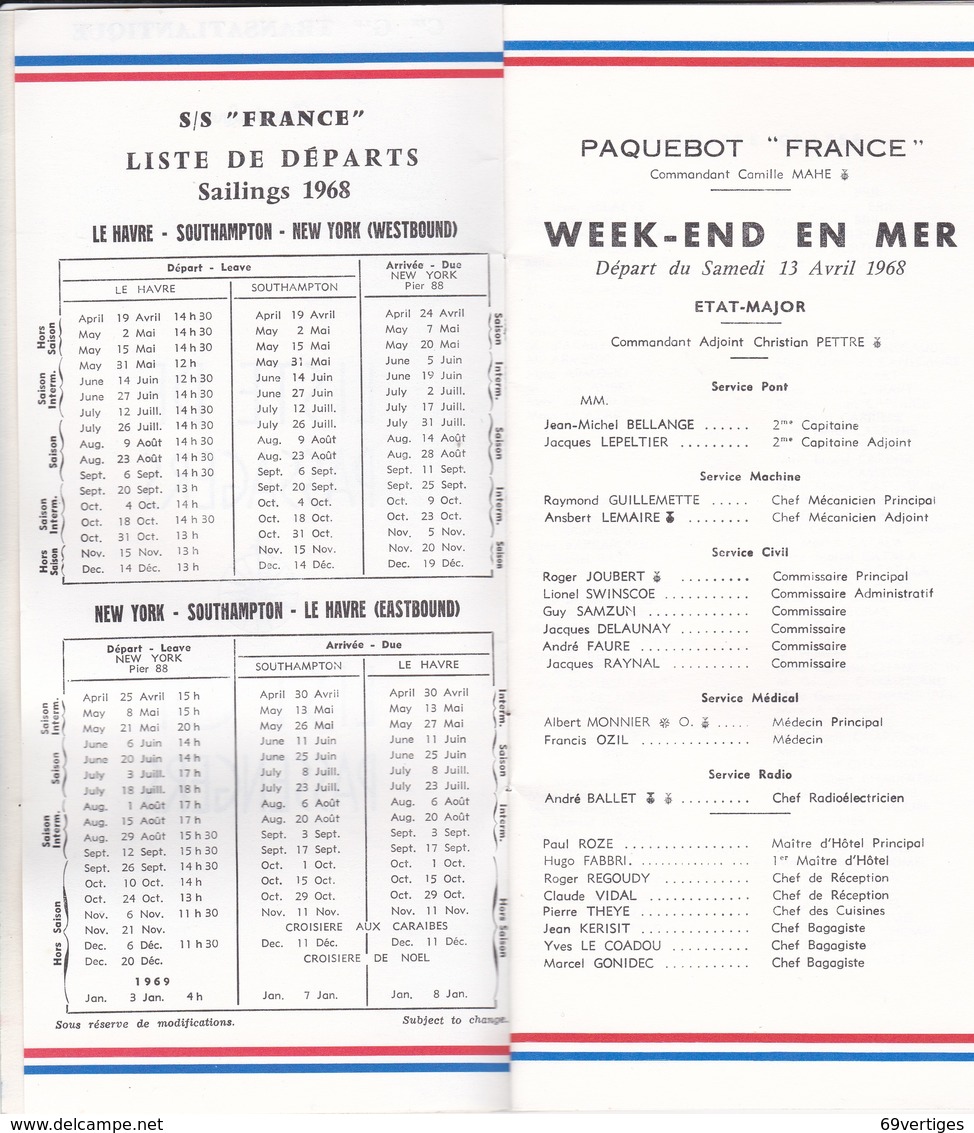 LE FRANCE, CIE GLE TRANSATLANTIQUE, Week-end En Mer 13 Avril 1968, Détail équipage Et Liste Des Passagers - Autres & Non Classés