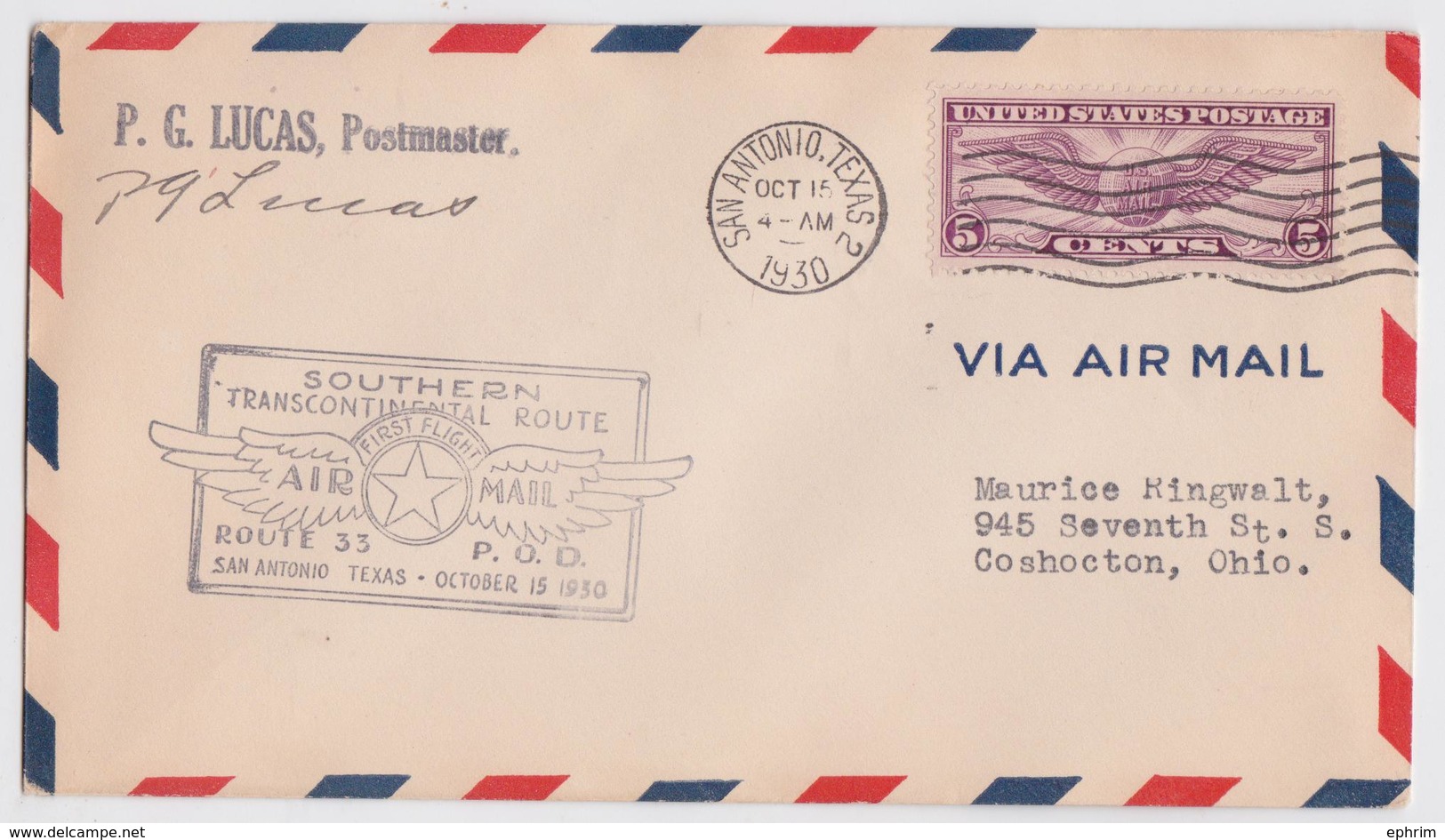 SAN ANTONIO TEXAS SOUTHERN TRANSCONTINENTAL AIR MAIL SERVICE FIRST FLIGHT 1930 TO COSHOCTON OHIO - 1c. 1918-1940 Lettres