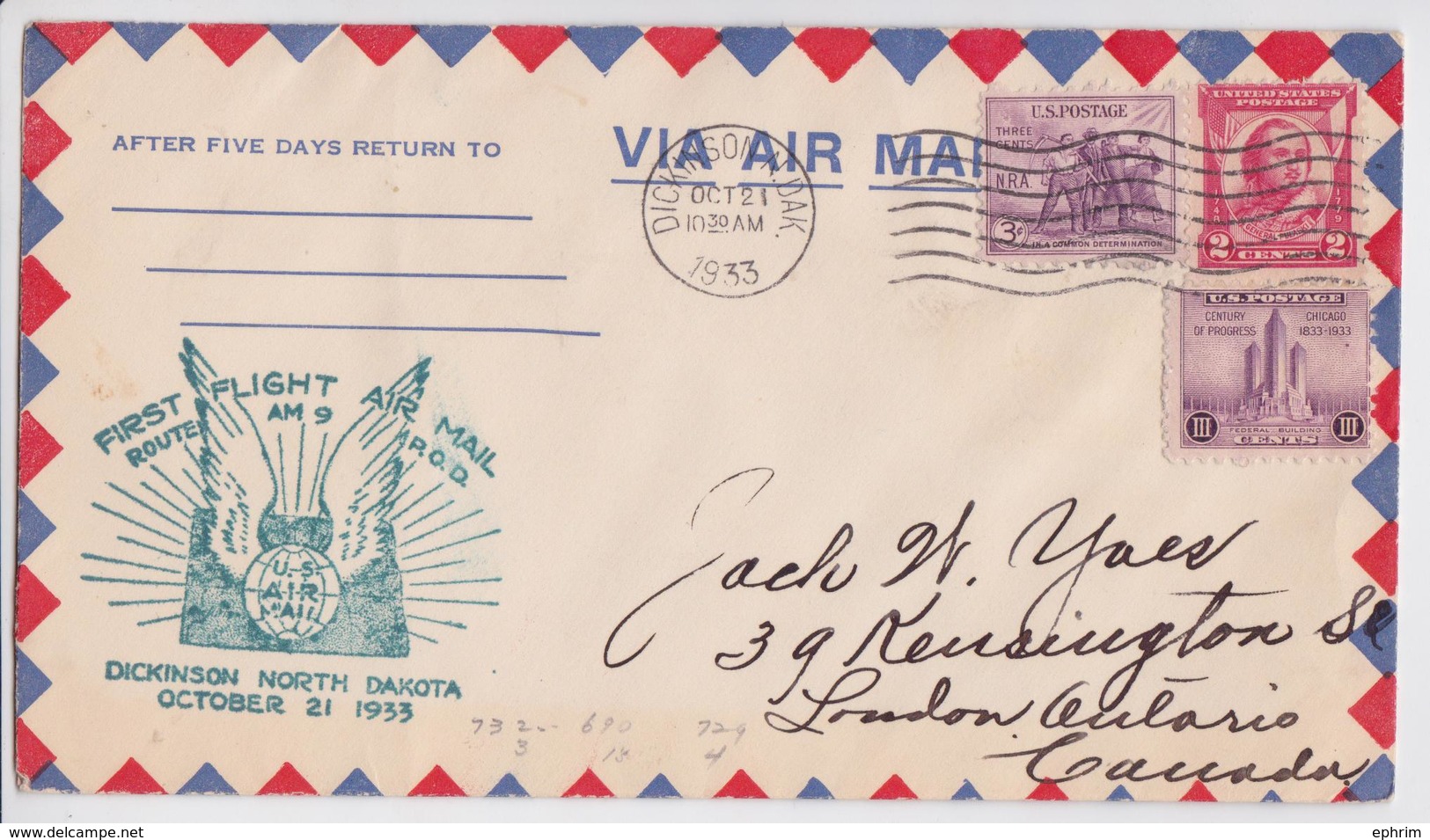 DICKINSON NORTH DAKOTA AIR MAIL SERVICE FIRST FLIGHT OCTOBER 21 1933 TO LONDON ONTARIO CANADA - 1c. 1918-1940 Covers