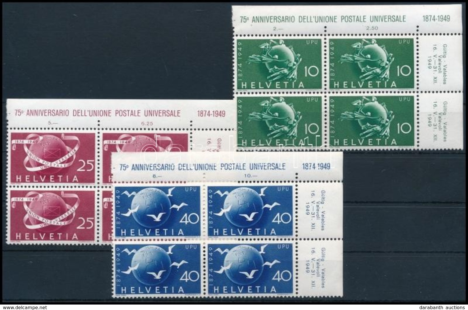 ** 1949 UPU Sor ívsarki Négyestömbökben,
UPU Set  In Corner Blocks Of 4
Mi 522-524 - Other & Unclassified