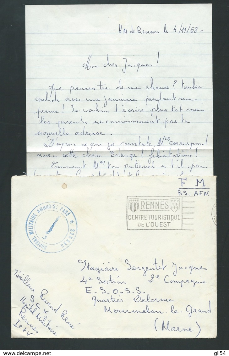 Lac , De Novembre 1958, Cachet Bleu " Hopital Militaire Amboise Paré Rennes " RAA1104 - Guerre D'Algérie