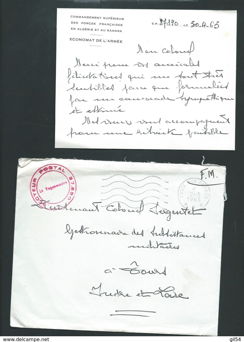 Cachet Rouge "Secteur Postal  87.890 Sur Lac  " Commandement Supérieur Des Force Françaises En Algérie " RAA1109 - Guerre D'Algérie