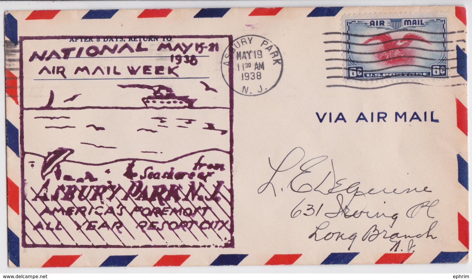 ASHBURY PARK NEW JERSEY RESORT CITY AIR MAIL WEEK COMMEMORATIVE COVER 1938 TO LONG BRANCH VIA NEWARK - Enveloppes évenementielles