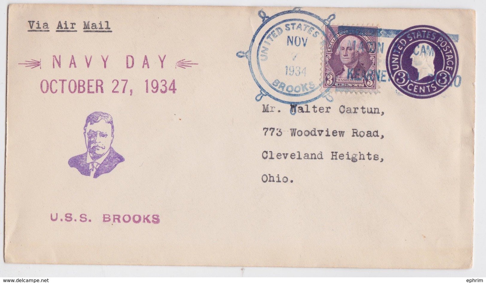 USS BROOKS NAVY DAY 1934 VIA AIR MAIL WEEK COMMEMORATIVE COVER TO CLEVELAND - Enveloppes évenementielles