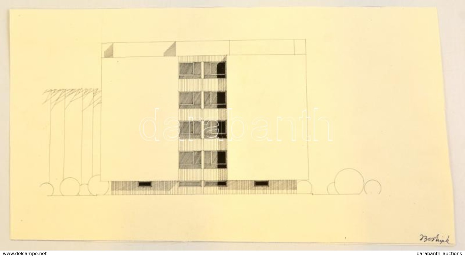 Bortnyik Jelzéssel: Társasház. Tus-ceruza, Papír, 23×42 Cm - Other & Unclassified