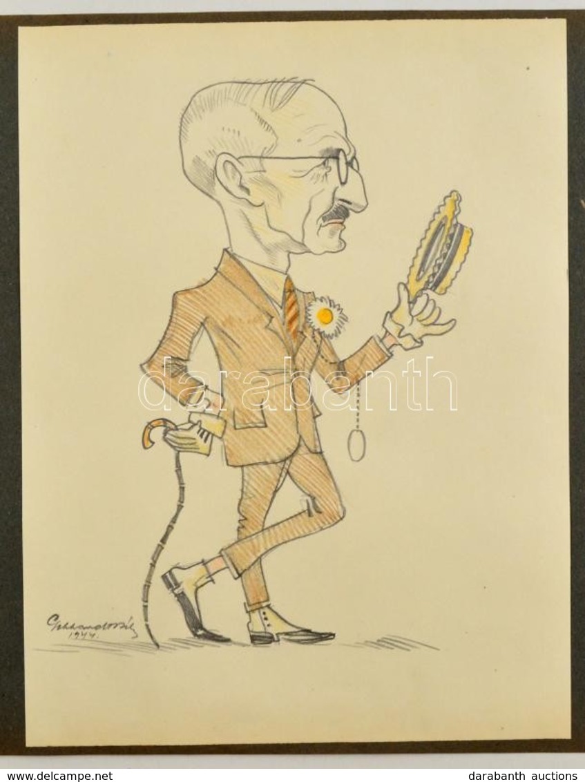 Gebhardt Béla (1901-1990): Főszerkesztő Úr (karikatúra) 1944. Színes Ceruza, Papír, Jelzett, 24×17 Cm - Autres & Non Classés
