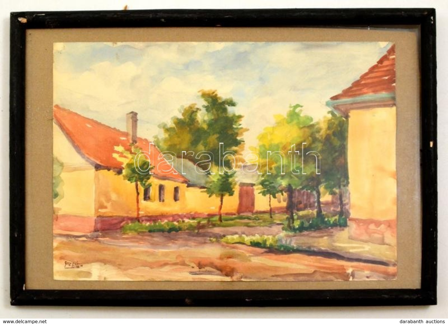 Guzsik Jelzéssel: Falusi Utcarészlet. Akvarell, Papír, üvegezett Keretben, 22×32 Cm - Other & Unclassified