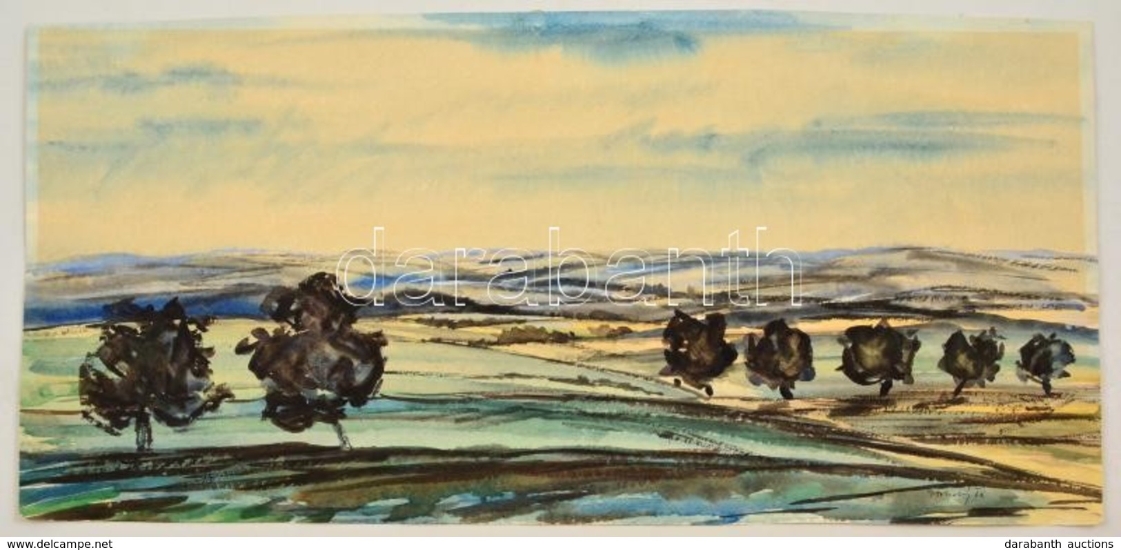 Holichy Jelzéssel: Dombos Táj. Akvarell, Papír, 29×63 Cm - Sonstige & Ohne Zuordnung