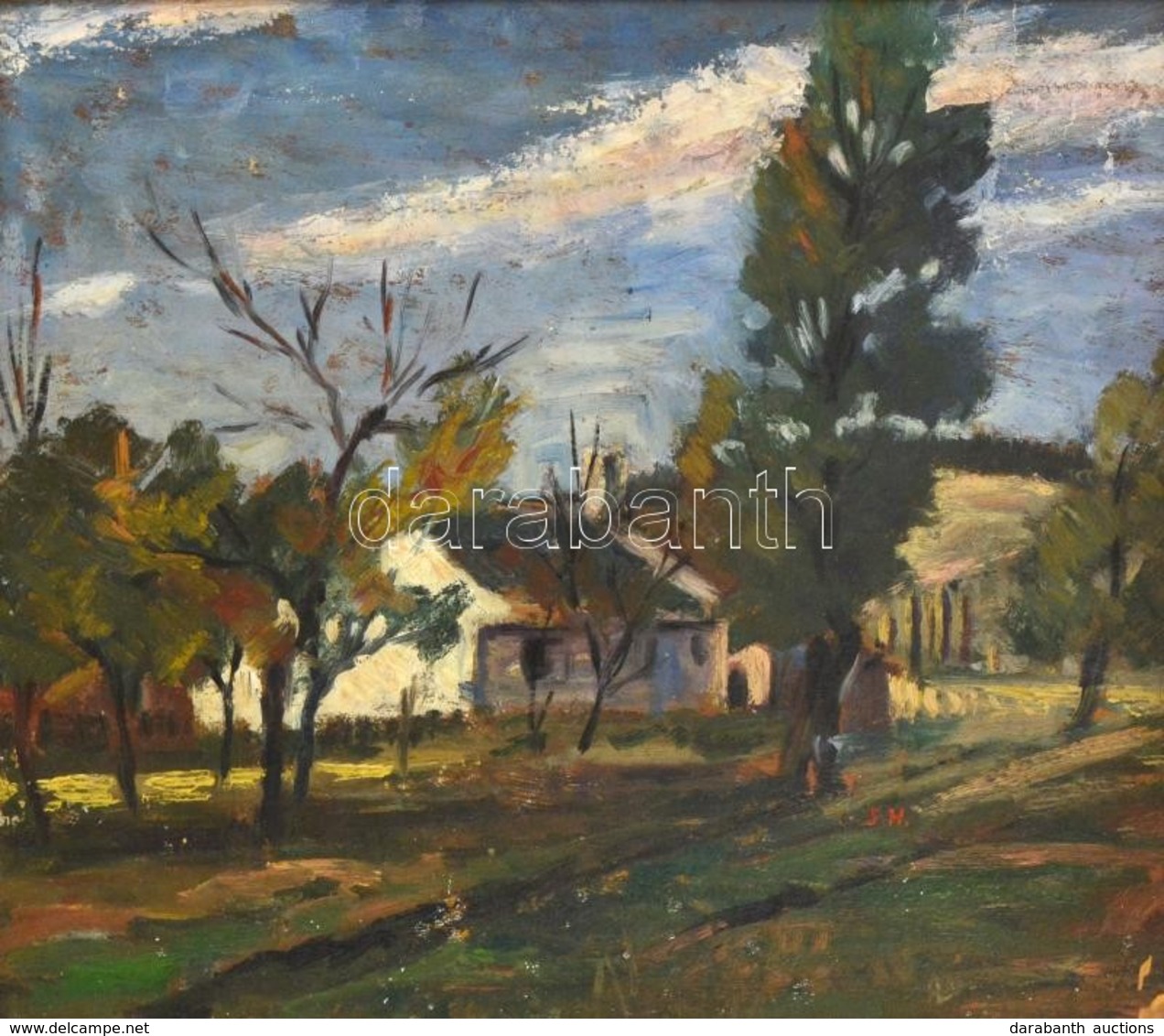 S.H. Jelzéssel: Faluhatár. Olaj, Karton, Festék Hiánnyal, Keretben, 36×43 Cm - Otros & Sin Clasificación