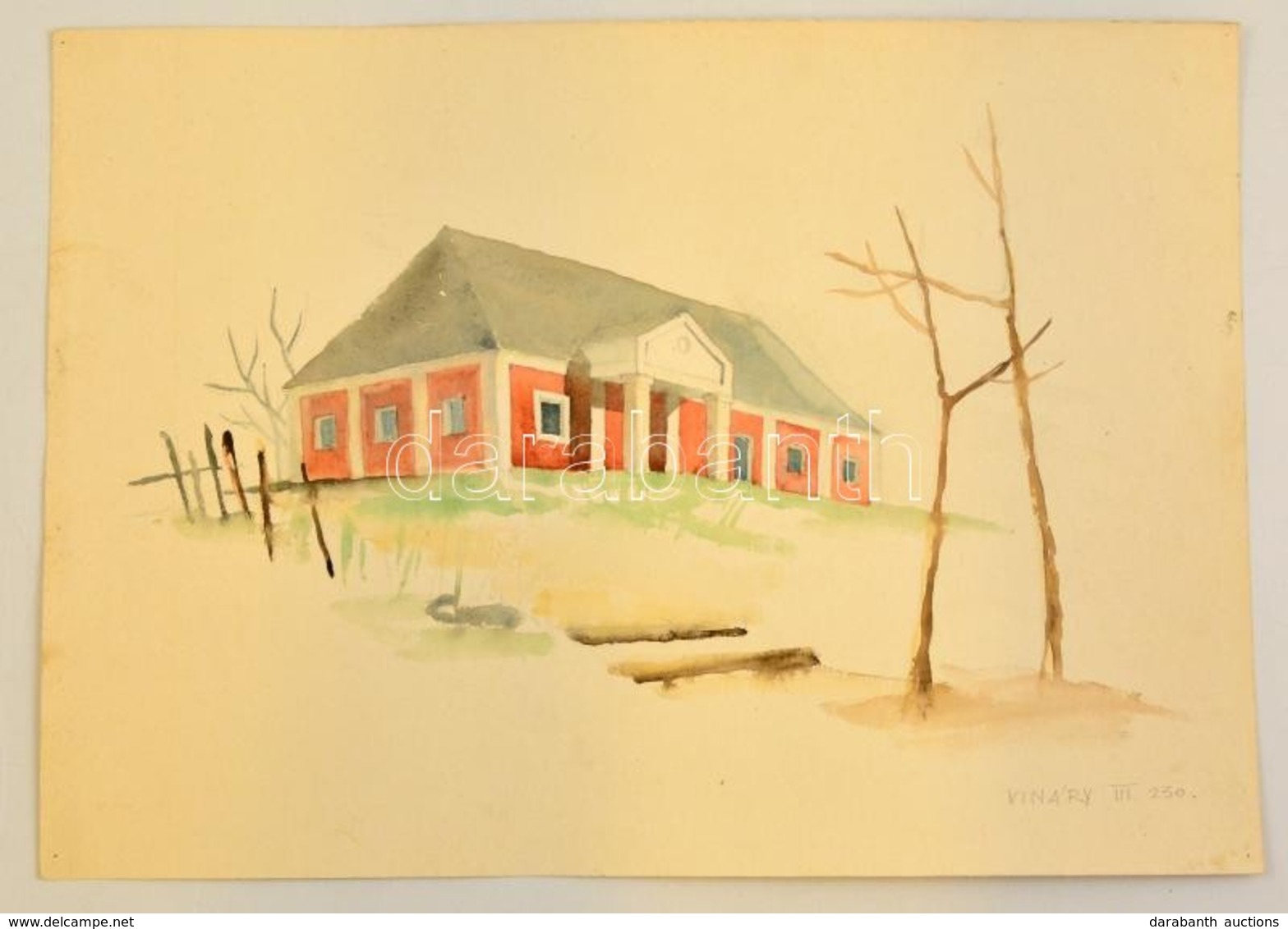 Vináry Jelzéssel: Ház A Dombtetőn. Akvarell, Papír,  30×43 Cm - Autres & Non Classés