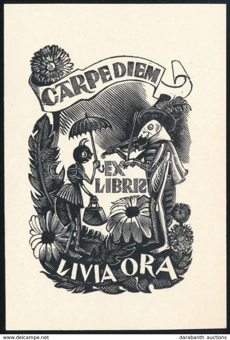 Richard Kaljo (1914-1978) :  Carpediem Ex Libris Livia Ora. Fametszet, Papír, Jelzett A Dúcon, 8×5 Cm - Other & Unclassified