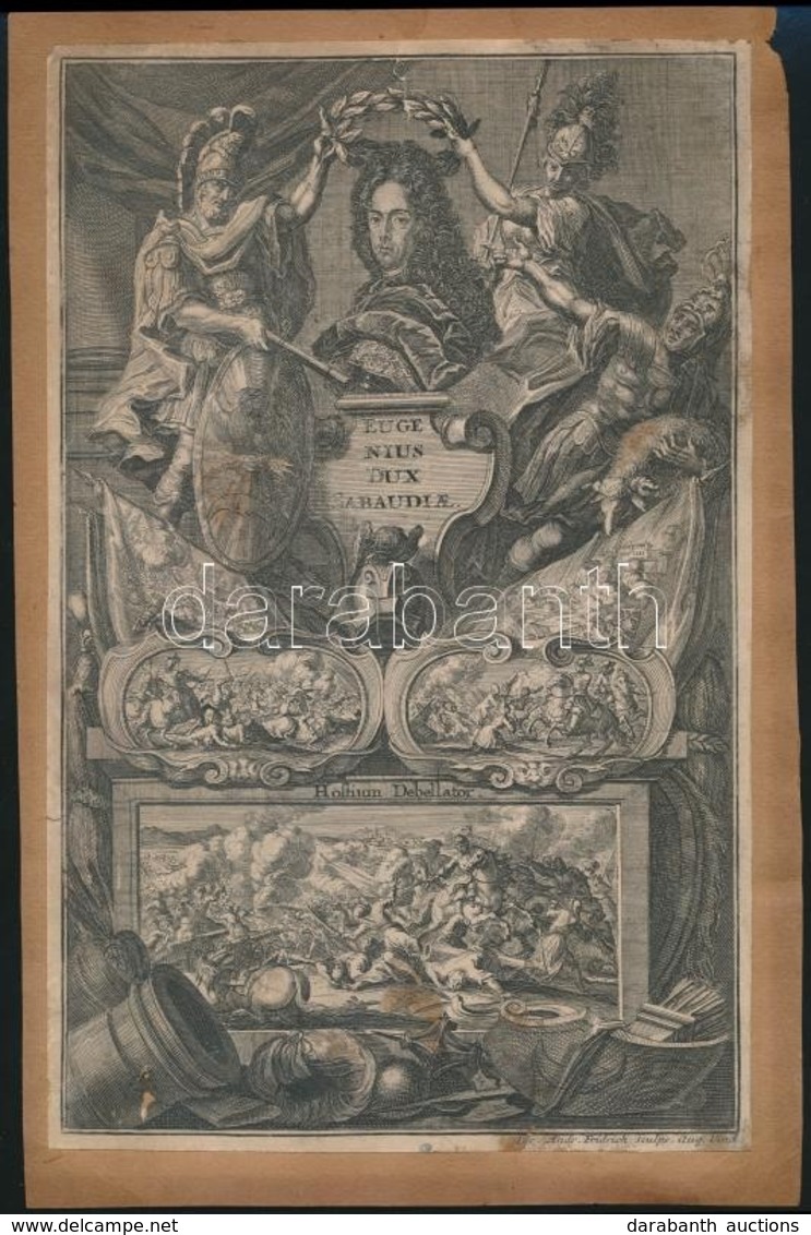 Savoyai Jenő (1663- 1736) Rézmetszetű Portréja Csatajelenetekkel Kartonra Ragasztva / Copper Plate Engraving Of Eugen Vo - Stiche & Gravuren