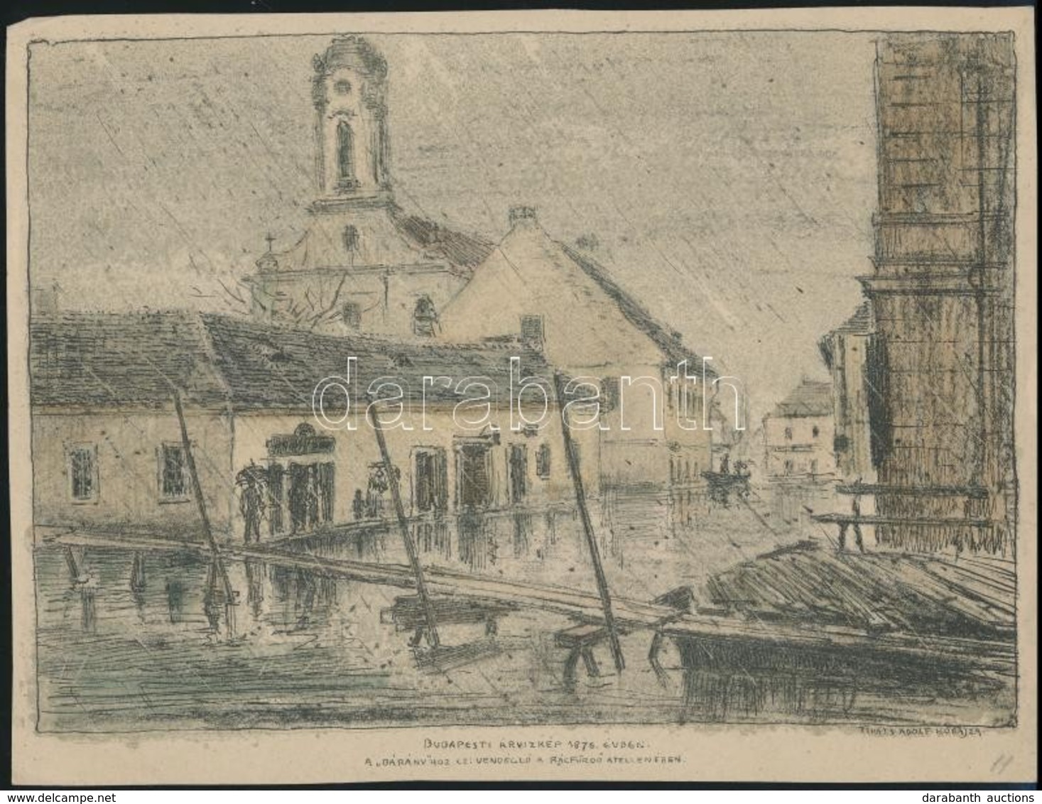 Tikáts Adolf (1872-?): Budapest árvízkép 1876. évben. A Bárányhoz Címzett Vendéglő A Rácz Fürdő átellenében. Litográfia, - Prints & Engravings