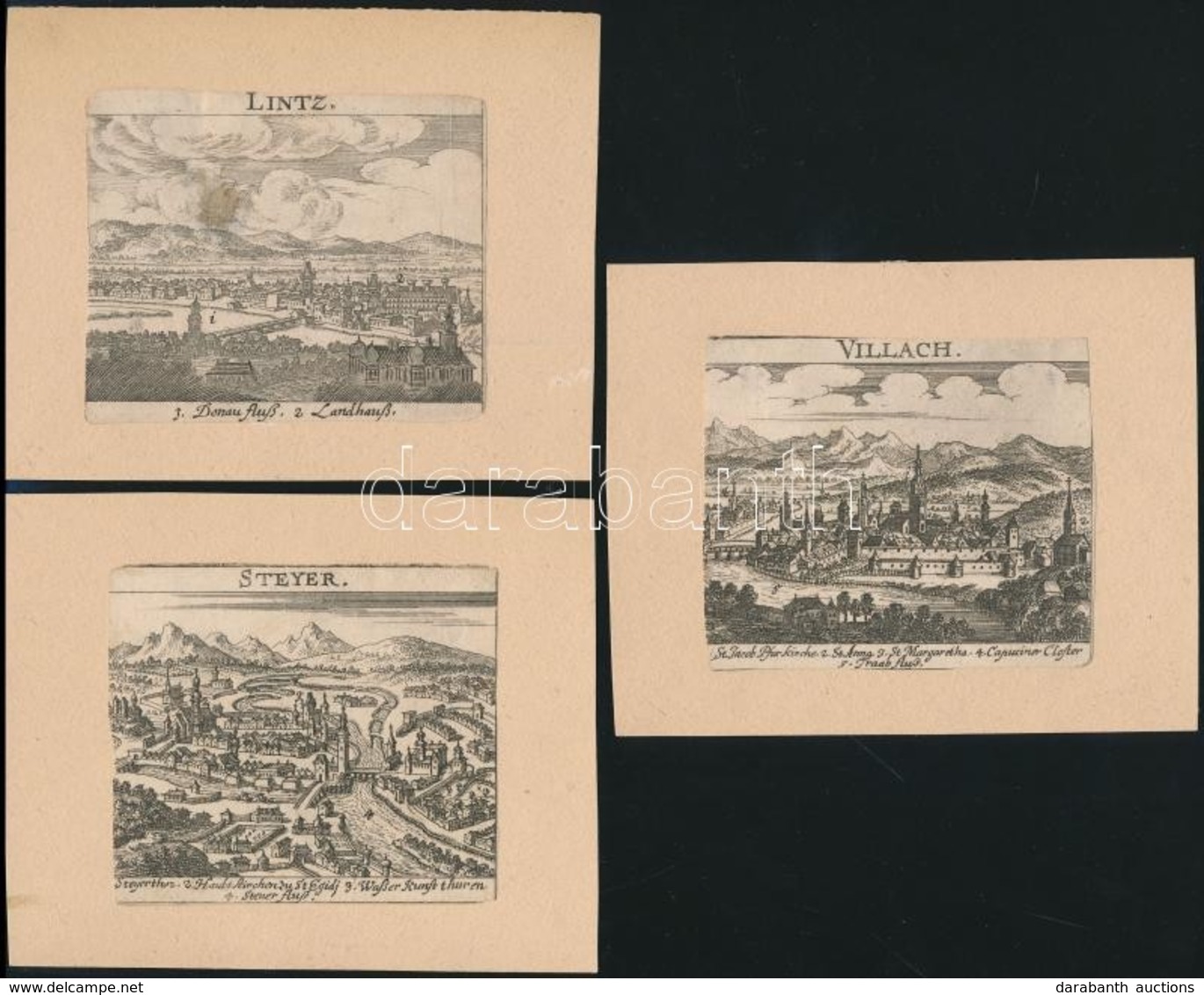 Cca 1700 Linz, Villach, Steyer Rézmetszetű Városképek Kartonon / Copper Plate Images Of Austrian Cities. 8,5x7,5 Cm - Prints & Engravings