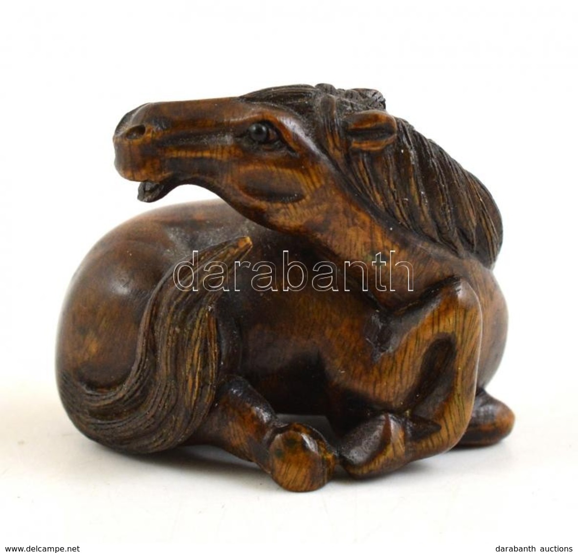 Fekvő Ló (netsuke), Faragott Rózsafa, Jelzett (olvashatatlan), Hibátlan, H:4 Cm, M: 3,5 Cm - Other & Unclassified