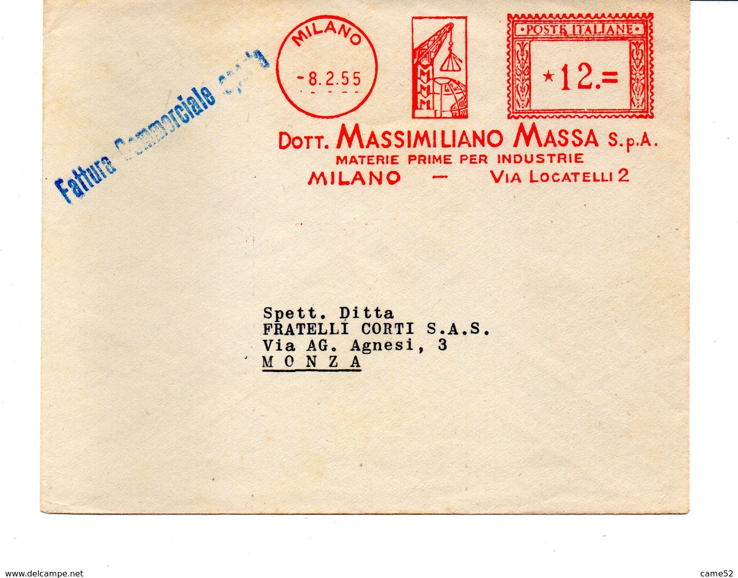 1955 Affrancatura Meccanica Rossa EMA Freistempel Milano Dott. Massimiliano Massa Materie Prime Per Industrie - Macchine Per Obliterare (EMA)